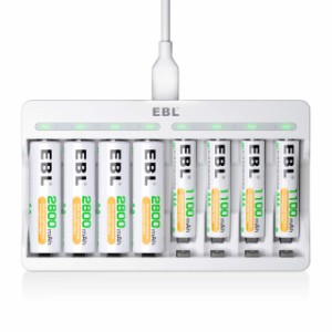 EBL 充電池充電器セット 急速充電器+単3電池（2800mAh*4）+単4電池（1100mAh*4）パック LED搭載充電器 スロット独立充電機能 単三単四ニ