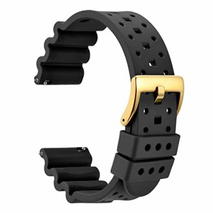 WOCCIフッ素ゴム時計ベルト20mm FKM高級腕時計シリコンバンド イージークリック付き ブラック/ゴールドバックル