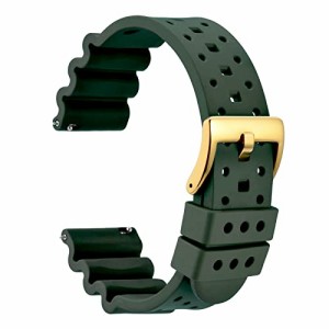 WOCCIフッ素ゴム時計ベルト24mm FKM高級腕時計シリコンバンド イージークリック付き グリーン/ゴールドバックル