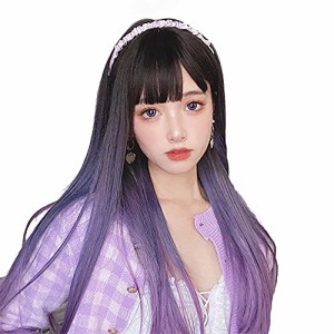 Vigorousウィッグ ストレート ロング グラデーション パープル紫 黒 ブラック フルウィッグ かつら ロリィタ 小顔 自然 耐熱 ネット付き