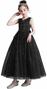Weileenice ロング キッズ ドレス 130 ブラック 女の子 フォーマル ワンピース 黒 135 ピアノ 発表会 スパンコール チュール 刺繍ドレス 