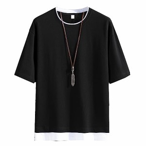 Hiboss tシャツ メンズ 半袖 無地 重ね着風 大きいサイズ ゆったり おしゃれ 五分袖 メンズ 夏服 黒L