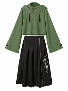 Ｍｉｎｅｓａｍ 中華風 パーカー レディース フード付き 2点セット ス + スカート チャイナ服 おしゃれ 春秋 01 アーミーグリー