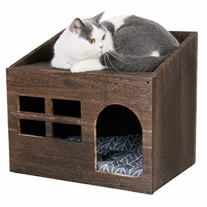 猫ハウス 木製 ウッディキャットハウス ドーム型猫ベッド スクエア 小型犬小屋 温かい ペットハウス 室内 マット付き 夏冬用 猫家具 隠れ