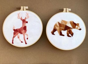 2 pcs of Stamped Cotton Hand Embroidery Kit, Geometric Animal Needlework Wall DIY Decor,Stunning Color Deer, Bear Printed Hand E