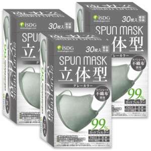 医食同源ドットコム iSDG【90枚 30枚入x3箱】 立体型スパンレース不織布カラーマスク SPUN MASK (スパンマスク) グレー 30枚入x3箱