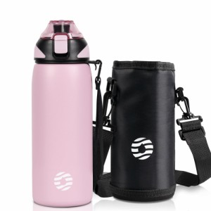 FJbottle 水筒 600ml 真空断熱 マグボトル (ストラップ付き) ワンタッチ 保温 保冷 洗いやすい 広口 ステンレスボトル 水筒カバー 洗浄用