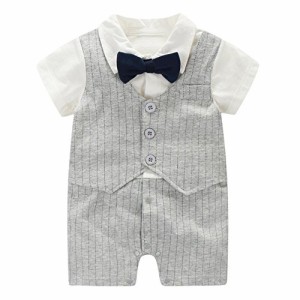 エルフ ベビー(Fairy Baby)ベビー重ね着風フォーマル半袖 夏用セレモニーロンパース 結婚式服 男の子 (73CM, グレーストライプ)