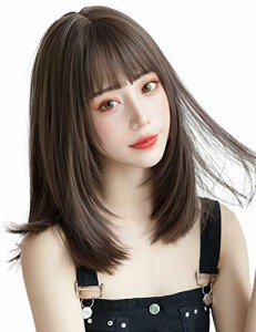 ウィッグ ミディアム ストレート自然 カツラ フルウィッグ セミロング レイヤー レディース かつら 女性 小顔 可愛い ぱっつん ネット付