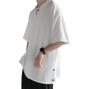 Hiboss tシャツ メンズ 半袖 大きいサイズ 無地 五分袖 おしゃれ ゆったり 服 夏服 メンズ 白3XL