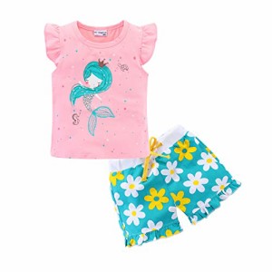 LittleSpring キッズ 人魚 tシャツ 花柄 ショートパンツ 子供 女の子 半袖 セットアップ ピンク 130