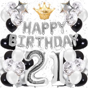 21歳 誕生日 飾り付け バルーン セット（64点）ブラック＆シルバー HAPPY BIRTHDAY 風船 バナー ハッピー バースデー 数字バルーン 紙吹