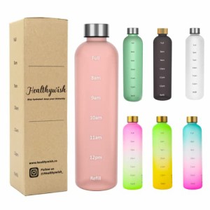 Healthywish タイムマーカー付きウォーターボトル 1リットル 水筒 1000ml スリムでおしゃれ 透明の水筒 (1000ml, シルバー/ピンク)