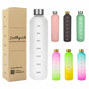 Healthywish タイムマーカー付きウォーターボトル 1リットル 水筒 1000ml スリムでおしゃれ 透明の水筒 (ブルー/パープル グラデーション