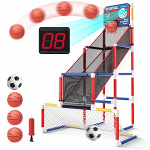 EagleStone バスケットゴール サッカーゴール 屋外 室内 おもちゃ 子供用 2in1ゴールセット バスケットボール3個 サッカー1個付き 自動採