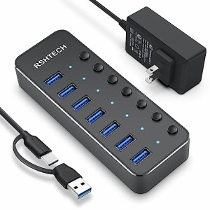 RSHTECH USBハブ 3.0 電源付き 7ポート 2023 改良 USB Hub アルミ製 5Gbps高速転送 セルフパワーとバスパワー両用 5V 3A 電源 独立スイッ