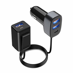 78W カーチャージャー 5ポート 1.5m 延長線 USB PD＆QC3.0 急速充電器 シガーソケット USB ポート 車載充電器 12V/24V対応 マートフォン/