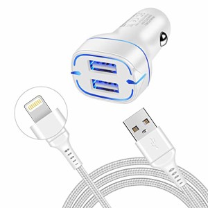 シガーソケット USB カーチャージャー 車 アイフォン 充電器 USB-A 2ポート 【車載充電器 ライトニングケーブル付き 1.8m】 ライトニング