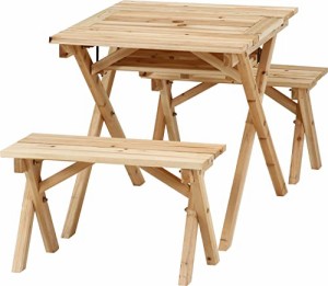 不二貿易 ガーデンテーブルセット BBQテーブル＆ベンチセット 幅62×奥行75×高さ65cm ナチュラル 2人用 コンロスペース付き パラソルホ
