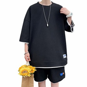 SUKESEM tシャツ メンズ 半袖 上下 セット 夏服 ゆったり ジャージ メンズ 上下 ハーフパンツ セットアップ メンズ 無地 スウェット メ