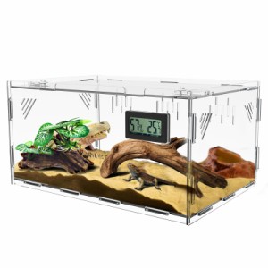 爬虫類 ケージ 30 * 20 * 15cm トカゲ ケージ 爬虫類 飼育ケース 温度湿度計付き 爬虫類テラリウムタンク 昆虫飼育ケース 透明 通気ケー