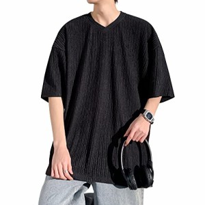 Easykode 半袖tシャツ メンズ 夏服 涼しい てぃーしゃつ 楊柳クレープ 加工シワ オシャレ 服 Vネック ス 五分袖 ロングtシャツ 