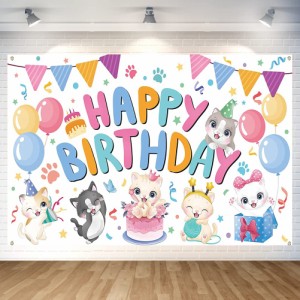 かわいい猫 バースデー？タペストリー？猫 誕生日？飾り付け？バースデー？フォトポスター？誕生日 ねこ 写真背景 Happy？Birthday パー