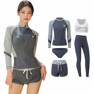 YFMAYI 水着 ラッシュガード レディース ５点セット フィットネス水着 体型カバー 長袖水着 UVカット セパレートタンキニ レギンス 女