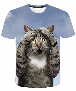 Amade メンズ 半袖Tシャツ 猫柄 驚き猫 面白 派手 ティーシャツ 薄手 速乾 贈り物 お揃い ス カジュアル-JP316-54-L 1枚