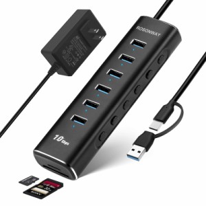 ROSONWAY USB ハブ3.2電源付き10Gbps 8 in 1 USB ハブ Type-C SD/TFスロット,Type Aポートx6 アルミ製 USB Hub 独立スイッチ付き(RSH-A10