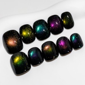 Sun＆Beam Nails 手作り ネイルチップ ショート ラウンド つけ爪 黒 カラフル キャットアイ 人気 おしゃれ 可愛い 付け爪 10枚入 (#91 M)