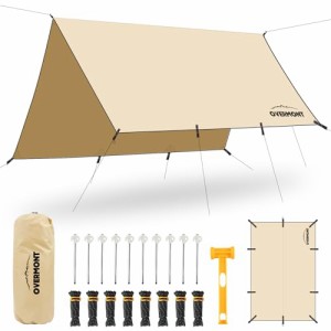 Overmont 防水タープ ポール付き ポリコットンTC 5mｘ5m/5mｘ3m/3mｘ3m 3000mm耐水圧 大型 焚き火可 サンシェード ヘキサタープ UV加工済