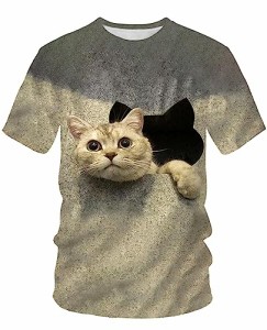 Amade 半袖 tシャツ クルーネック メンズ 猫柄 創意デザイン 面白Tシャツ 男女兼用 レディース カットソー 薄手 速乾-JP316-75-L 1枚