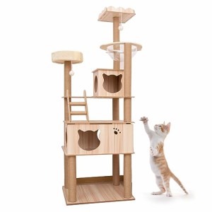 PETTOM キャットタワー 猫タワー 大型猫用 ねこハウス 木製 多頭飼い 据え置き 高い安定性 丸角設計 可愛いデザイン 省スペース (180cmタ
