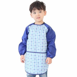 プリエ 子供用 キッズ ユニセ ックス 防水 絵画 スモック エプロン1歳-10歳用 (S-XXL size), Blue Check (16-M)