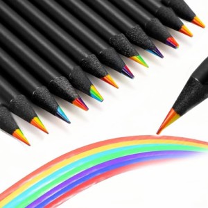 YFFSFDC 色鉛筆7in1 ブラックウッド レインボー鉛筆カラフル色鉛筆スケッチ、芸術、塗り絵、着色、学生用7色芯 多色えんぴつ（黒、12本セ