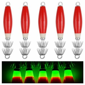 浮きスッテセット イカメタル イカ釣り 仕掛け 夜光 パワー ヤリイカケンサキイカ スルメイカ用 イカフック ケース付き (5本セット、赤)