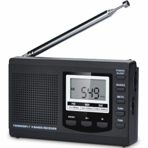 HanRongDa 防災ラジオ 小型 短波/AM/FM/ワイドFM対応 電池式 携帯高感度 60局メモリー デジタル時計とスリープタイマーとアラーム機能付