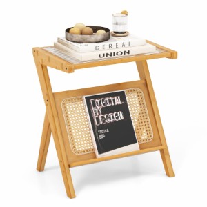 COSTWAY サイドテーブル 竹製 エンドテーブル ベッドサイド ソファサイド テーブル 幅50x奥行き36x高さ56cm コーヒーテーブル ガラス天板