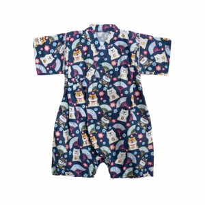 Baby koi ベビー服新生児赤ちゃん和服浴衣ロンパース甚平半袖夏服カバーオール男の子月齢フォト用出産準備犬柄扇子柄ネイビー80？