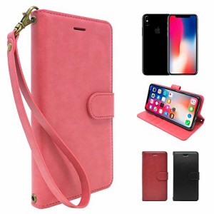 シズカウィル(shizukawill) iPhoneX 手帳型 ピンク色 PUレザー サクラ ドロップ ケース カバー ビンテージストラップ付 カード収納あり 