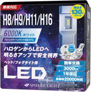 スフィアライト 車用 LEDヘッドライト H8/H9/H11/H16 プロジェクター対応モデル 6000K/純白色 明るさ3000lm 車検対応 SLASH11060-P