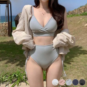 ビキニ レディース 韓国 水着 ハイウエスト ギャザー 無地 シンプル セパレート さわやか ガーリー パウダーカラー おしゃれ かわいい 体