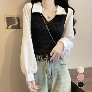 ニットブラウス韓国ドッキングニットシャツレディースファッション トップス シャツ ブラウス