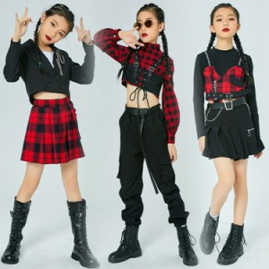 キッズ ダンス衣装 上下セット 舞台 チェック柄 女の子 ダンスチアダンス スカート パンツ ヒップホップ ジュニア ダンス衣装 ファッショ