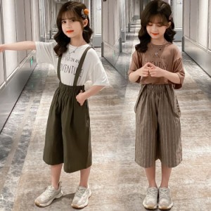 セットアップ 女の子 半袖 韓国子供服 女の子 サロペット上下セット Tシャツ オーバーオール 七分丈 夏服 カジュアル キッズ ジュニア服 