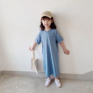 子供服 ワンピース 女の子 ロングワンピース マキシ丈 ロングTシャツ 半袖 ゆったり ガールズワンピース青 紫薄手 涼しい 春夏