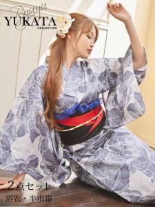 女性用 浴衣 ゆかた レディース ブルー ユリ ゆり 百合 Lily