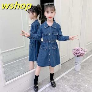 【wshop 】韓国子供服 女の子 ワンピースドレス チュールワンピース 長袖 デニム ワンピース 小学生 子ども服 ジュニア 通学 110-160cm 