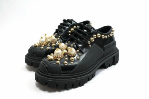 Dolce & Gabbana Black Leather Trekking Derby Embellished Shoes ドルチェ&ガッバーナ パールスタッズ ラインストーン レースアップ シ